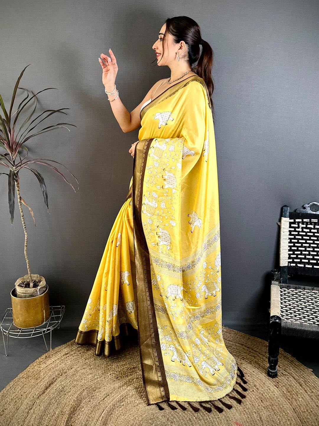Mustard Soft Dola Block Kalamkari Zari Saree
