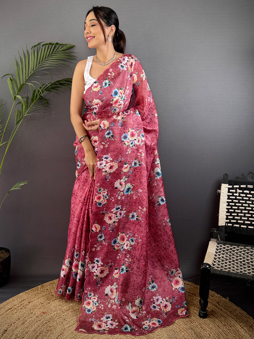 Rose Pink Kota Doriya Floral Cut Work Saree