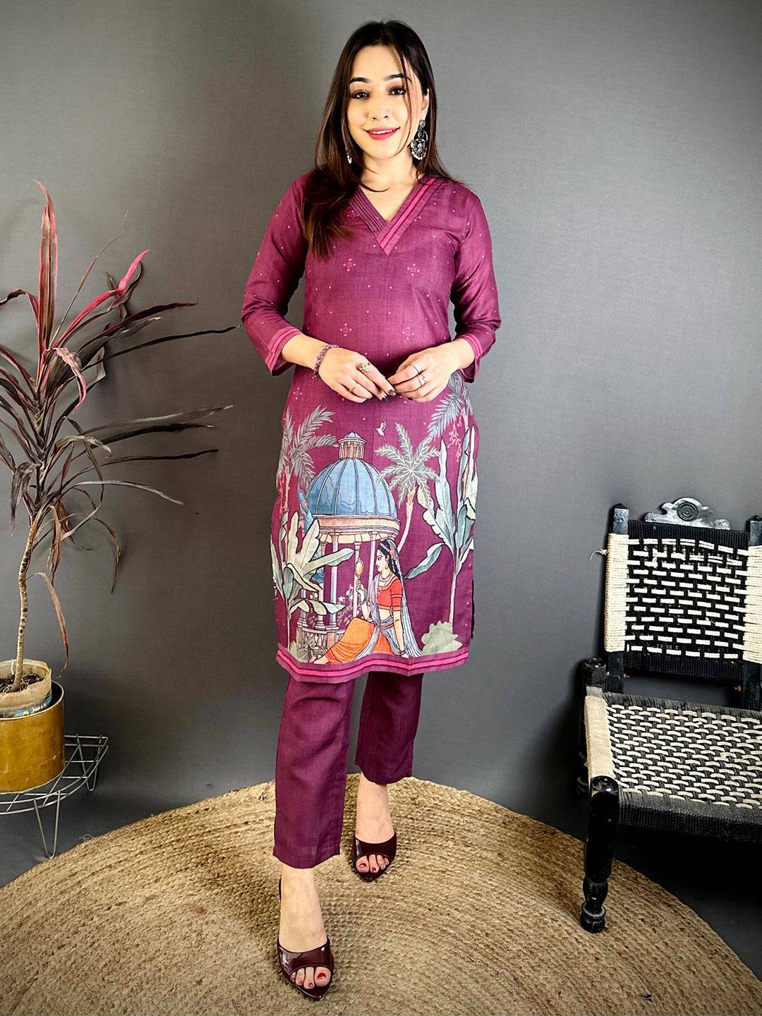 Classic Mughal Print Cotton V Collar Kurti
