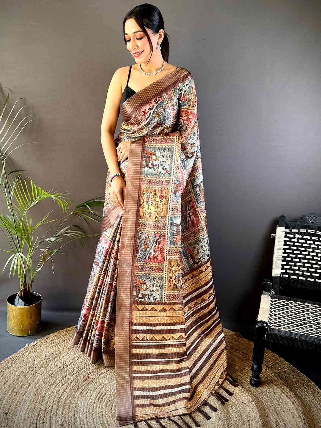 Multi Black Chex Kalamkari Madhubani Saree