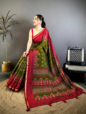 Olive Mul Cotton Ikkat Rudraksha Border Saree