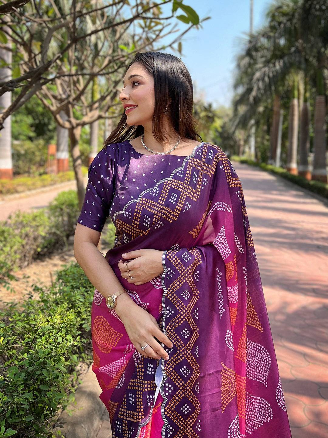 Georgette Silk Saree with Ombre Bandhej Print & Stone Work