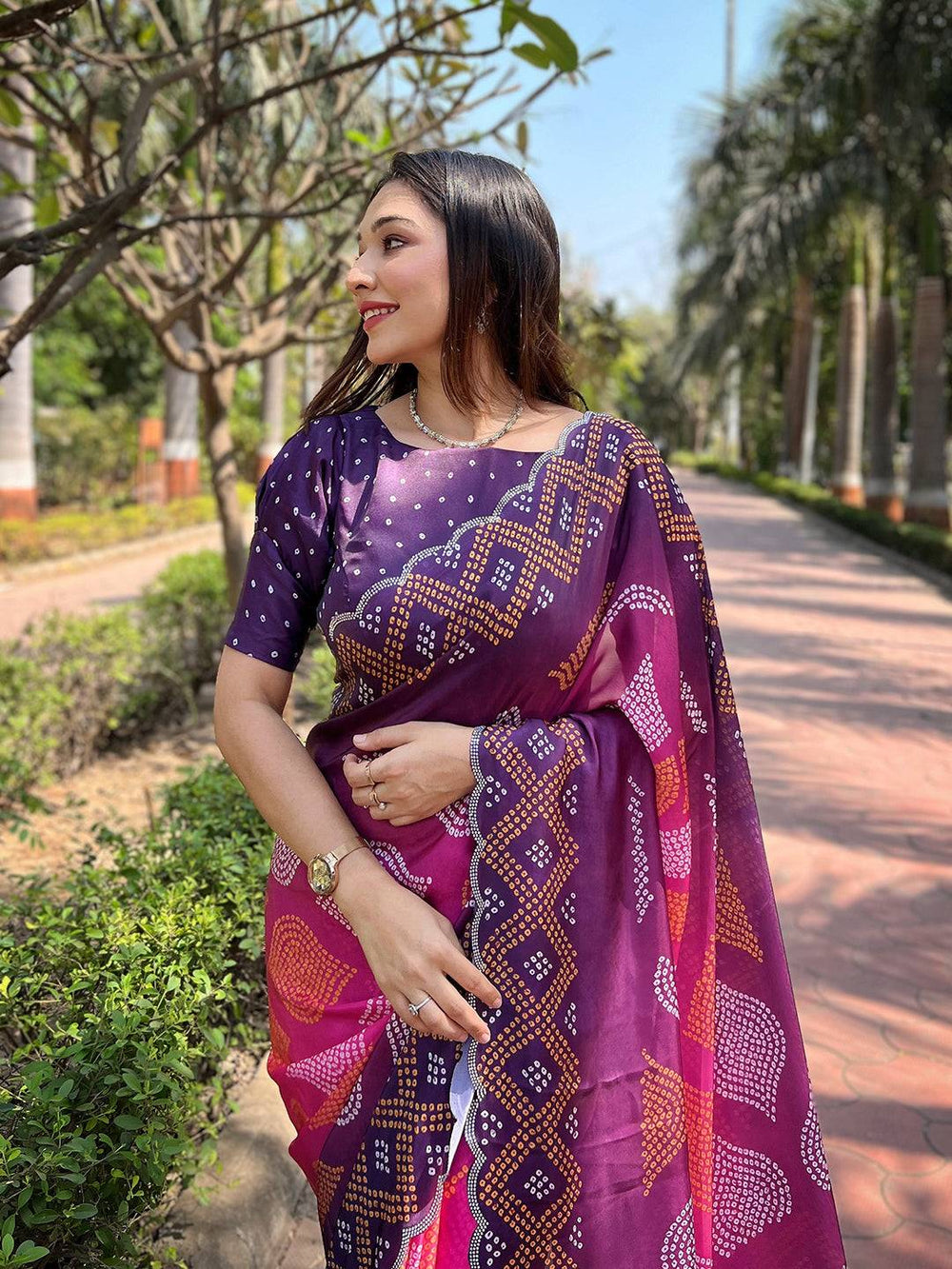 Georgette Silk Saree with Ombre Bandhej Print & Stone Work