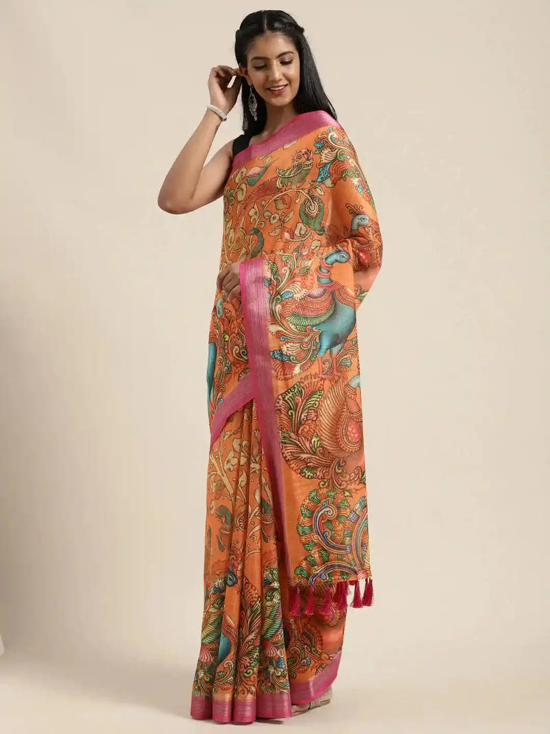  Kalamkari Print Saree With Zari Border