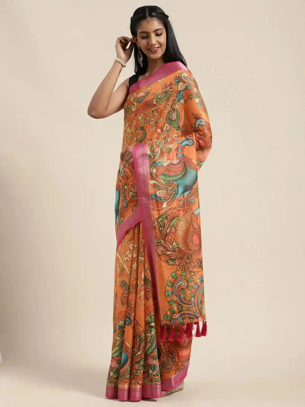 Kalamkari Print Saree With Zari Border
