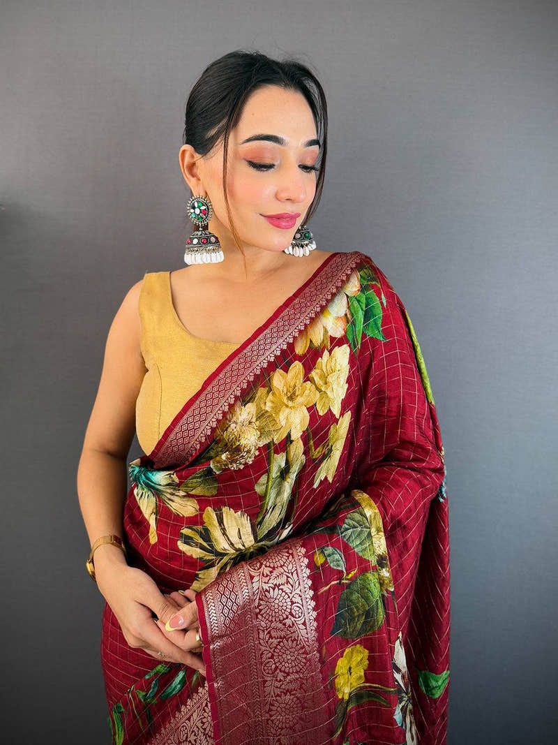 Deep Maroon Pure Viscose Checked Saree