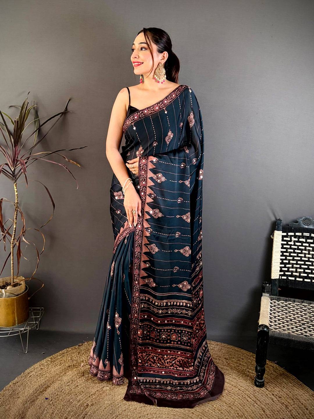 Rama Ajrakh Digital Printed Saree