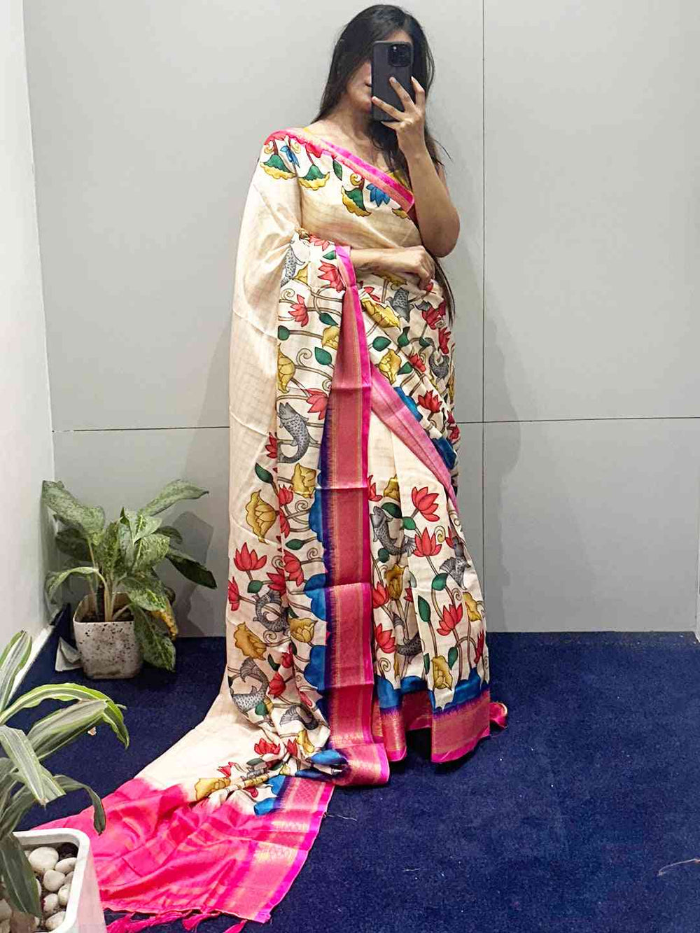 Model showcasing Uppada Kalamkari Digital Print Saree