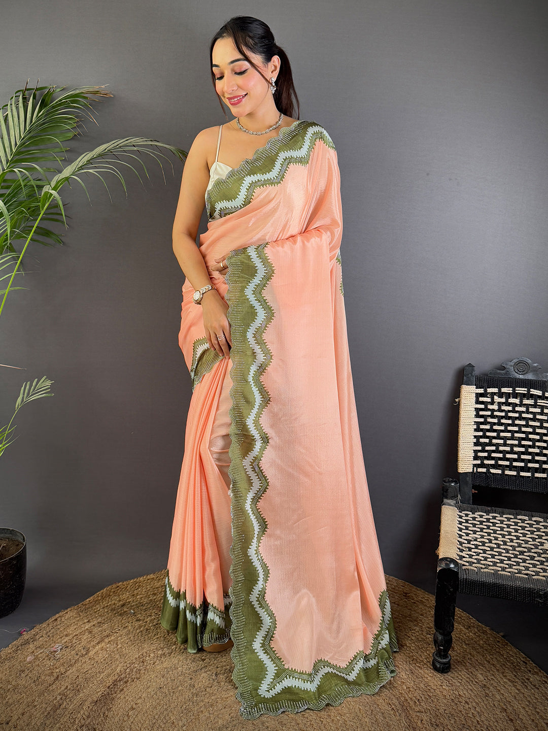 Peach Soft Chinnon Swarovski Work Saree