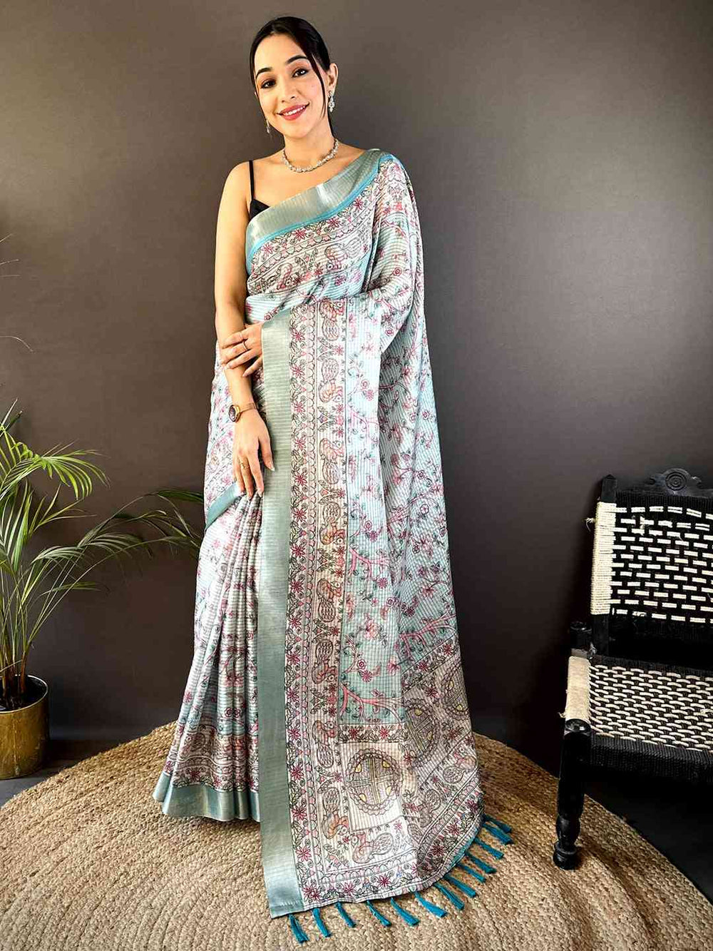 Mint Green Chanderi Madhubani Black Chex Saree