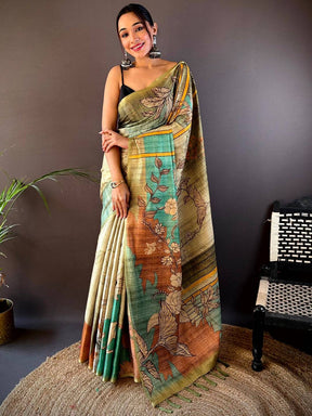 Green Abstract Floral Zari Tussar Saree

