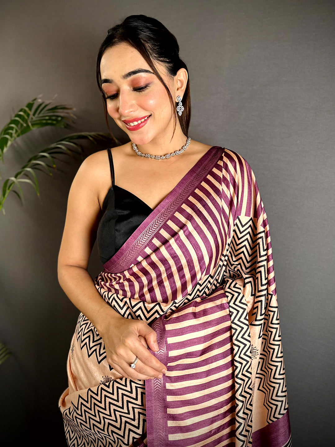 Elegant Tussar Ghicha Geometric Fusion Saree