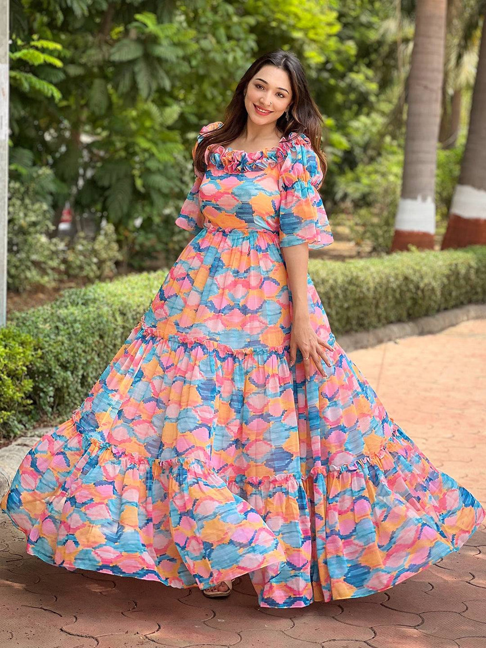 Colorful frill neck dress with vibrant print