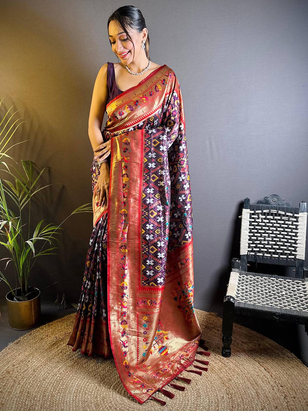 Maroon Patola Silk Zari Weaving Saree
