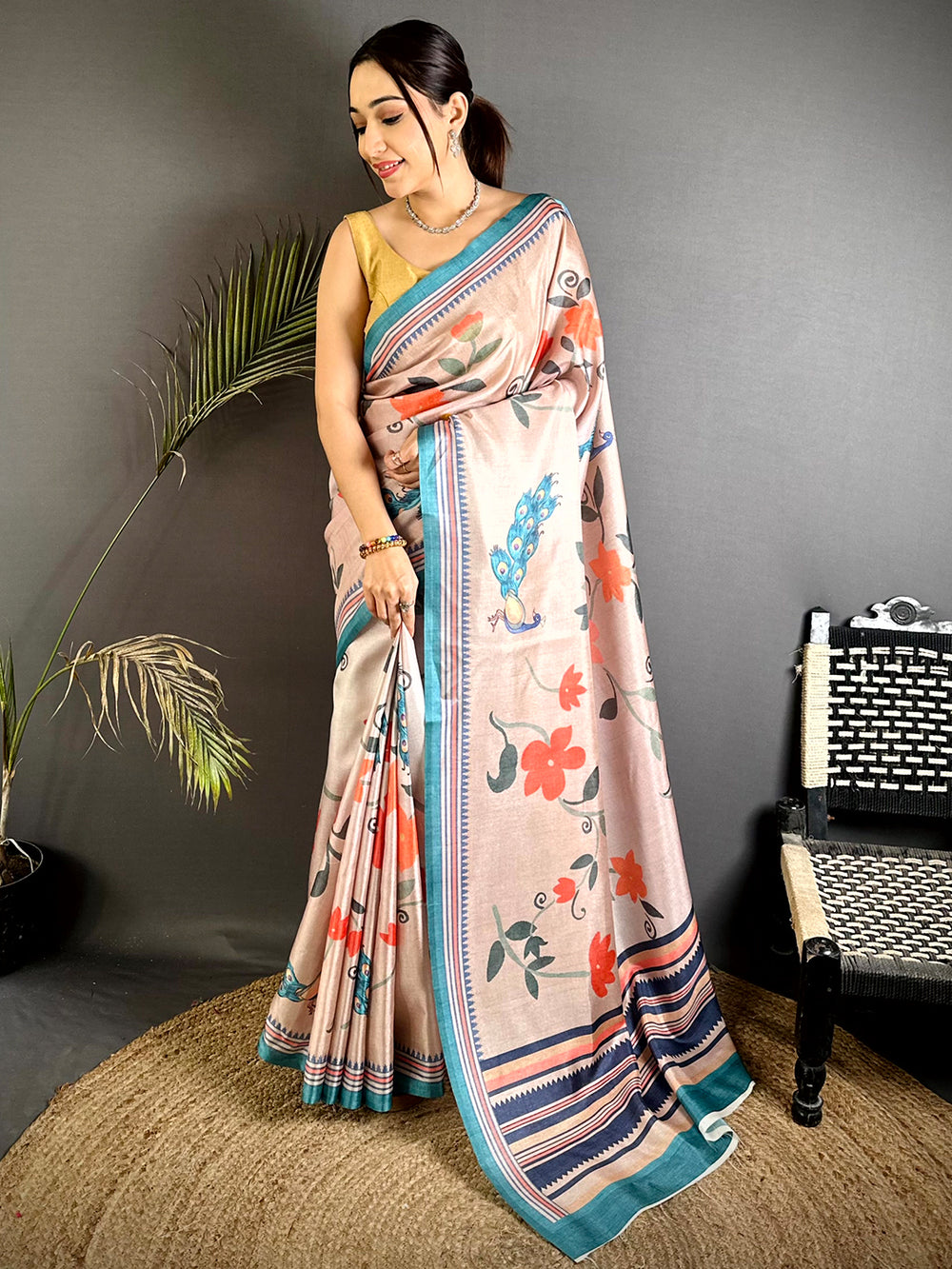 Pink Floral Tussar Ikkat Border Saree