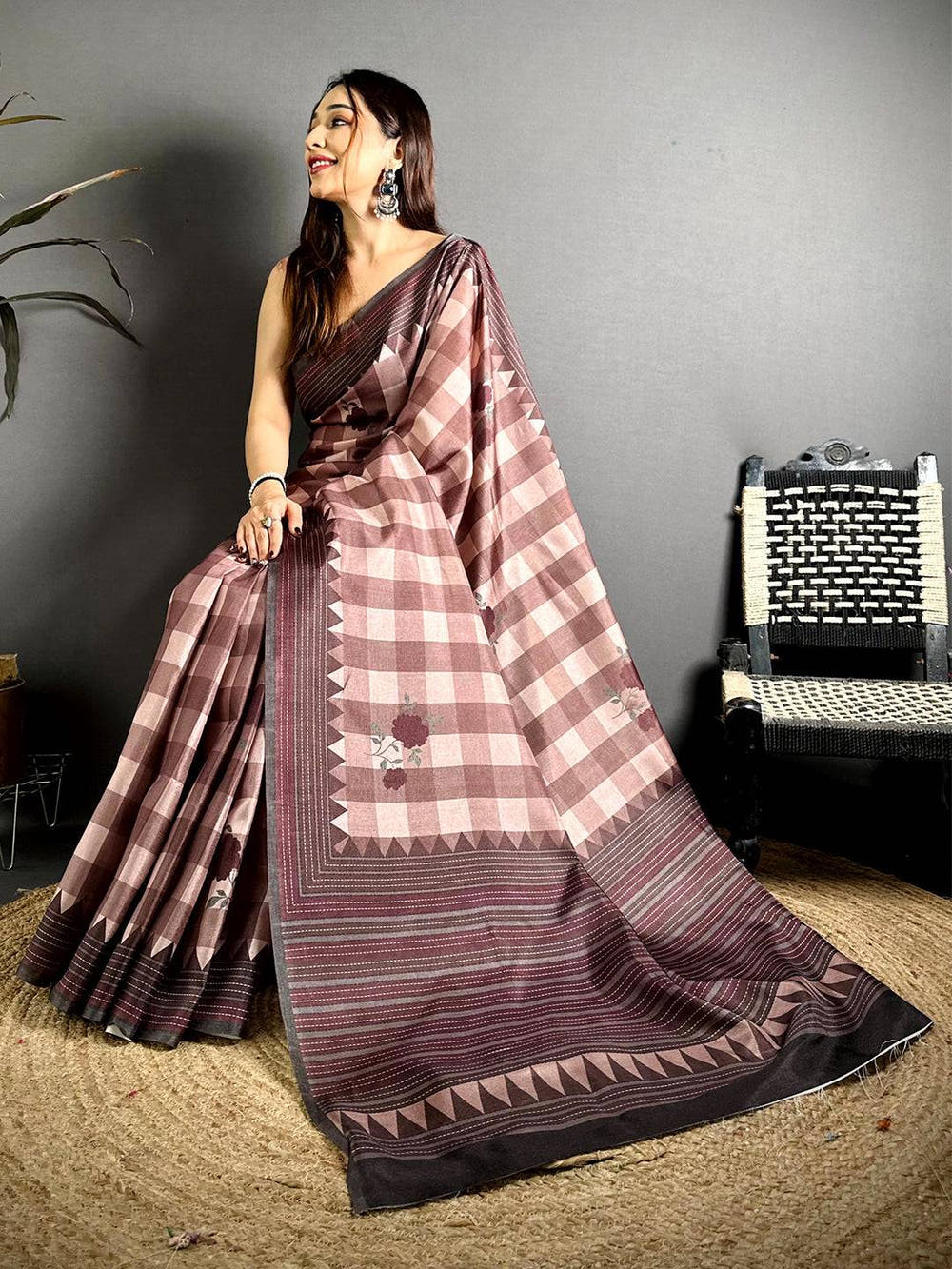 Cocoa Checks Kantha Border Tussar Saree