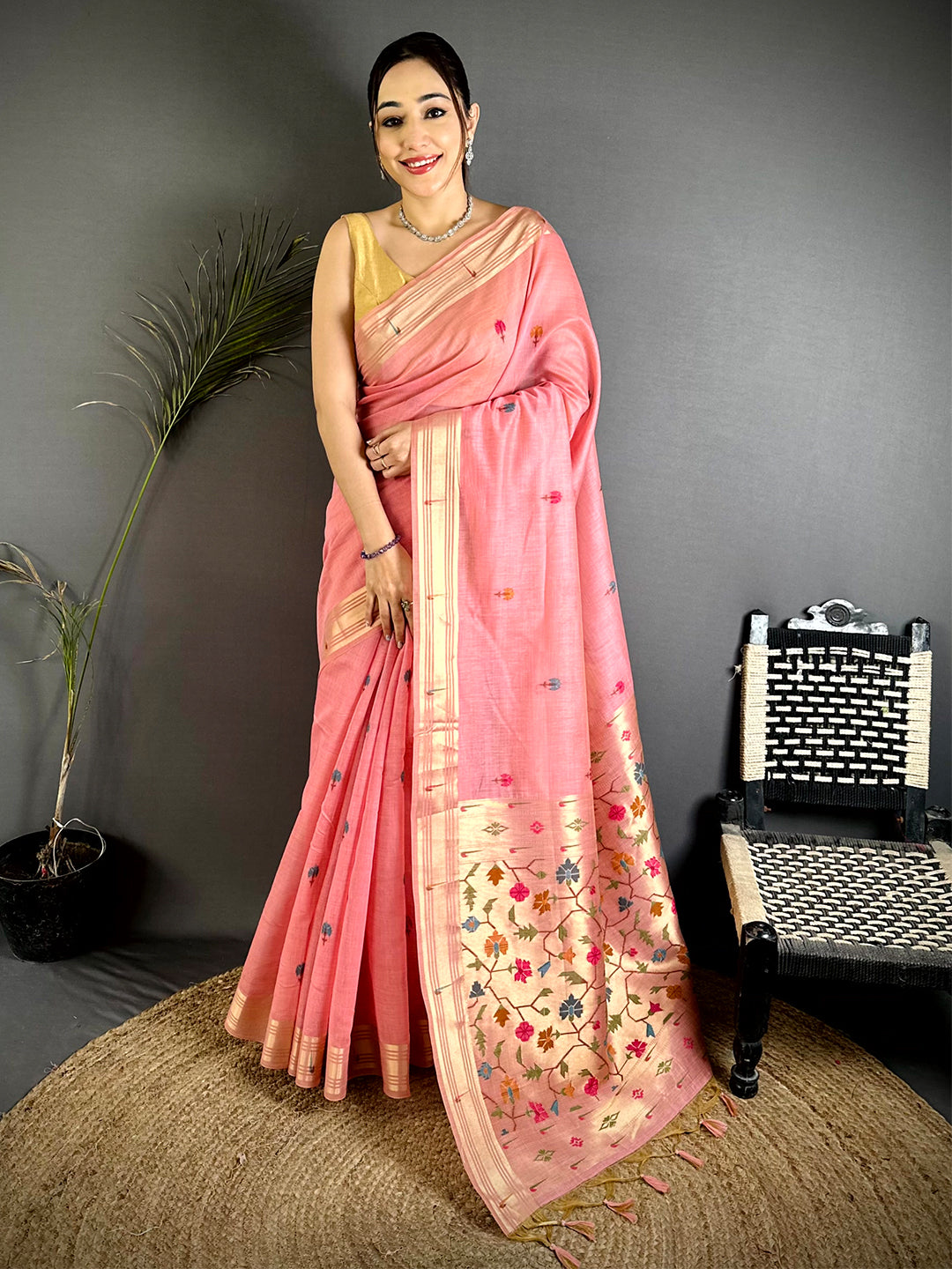 Pink Geometric Patola Khadi Linen Saree
