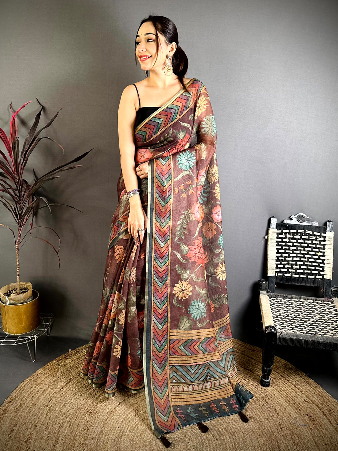 Brown Kalamkari Linen Chanderi Saree