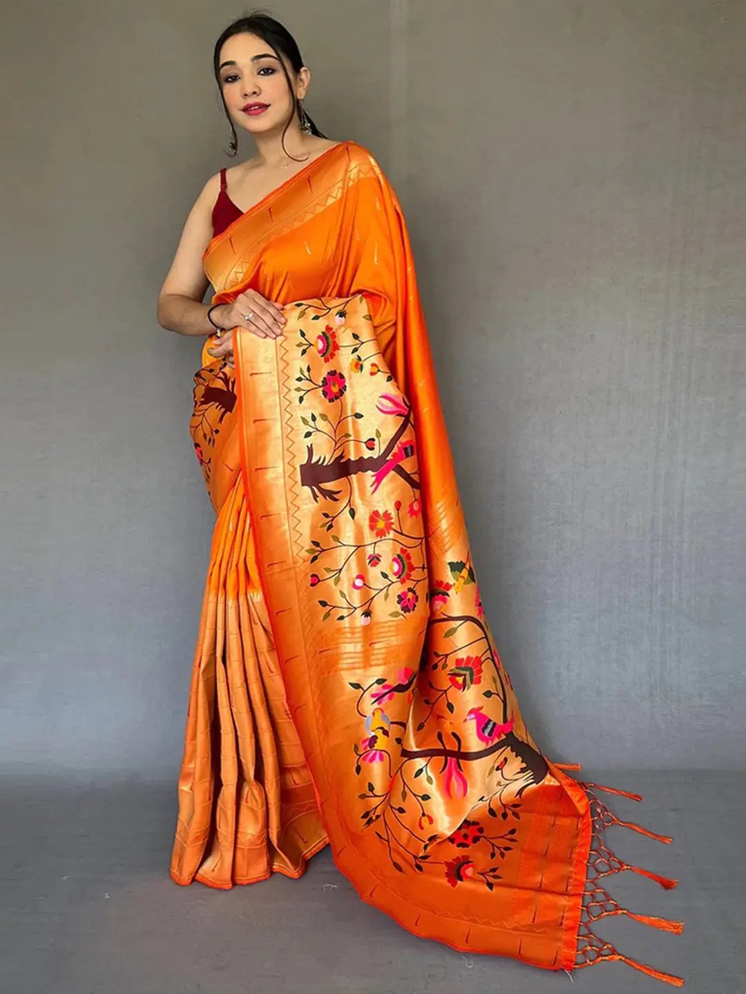 Orange Paithani Big Border Zari Woven Saree