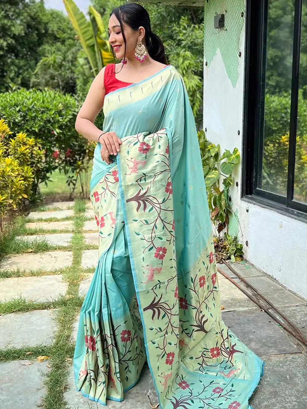 Aqua Colour Paithani Saree with Big Border, floral design