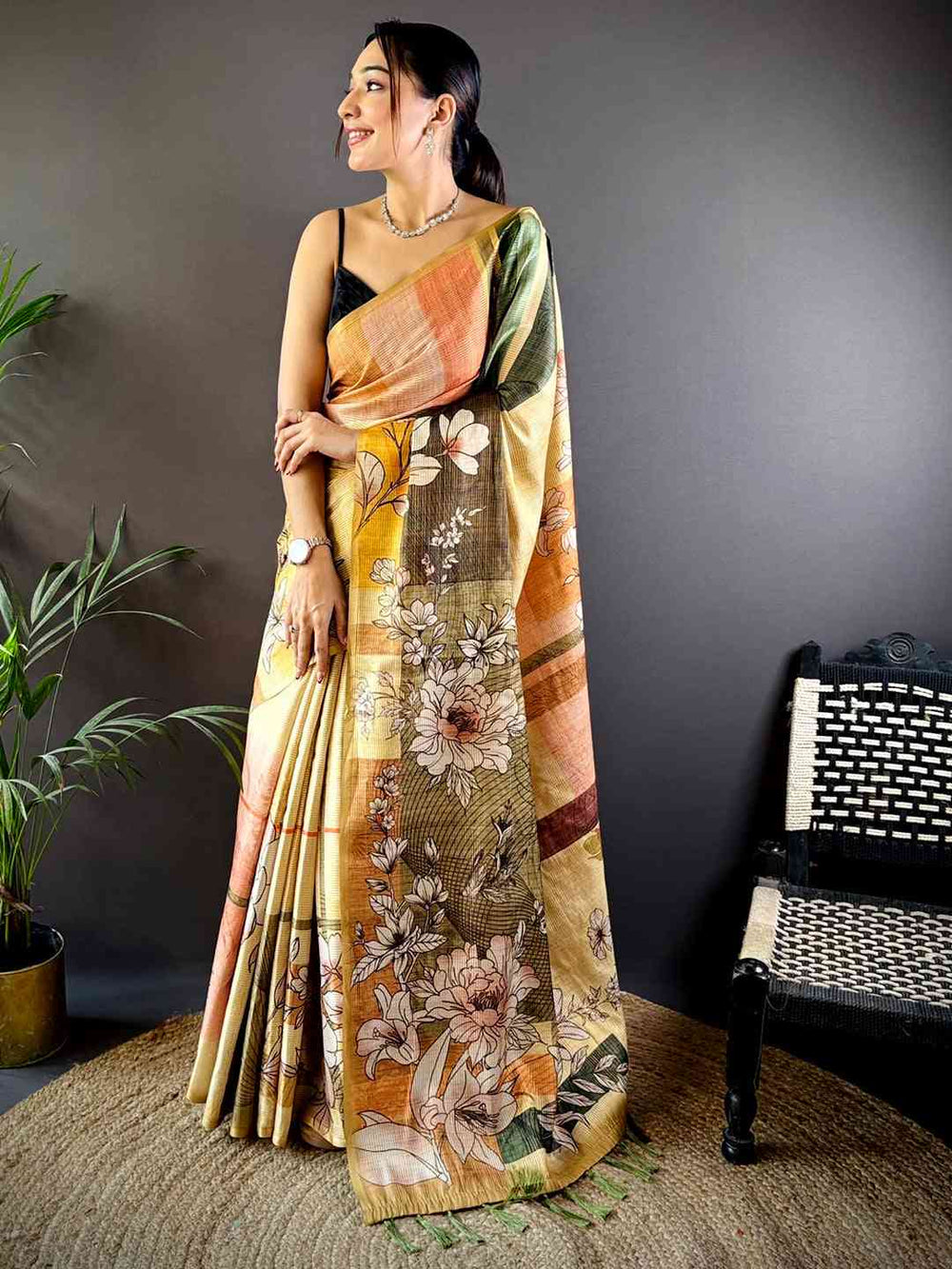 Light Yellow Tussar Zari Floral Saree