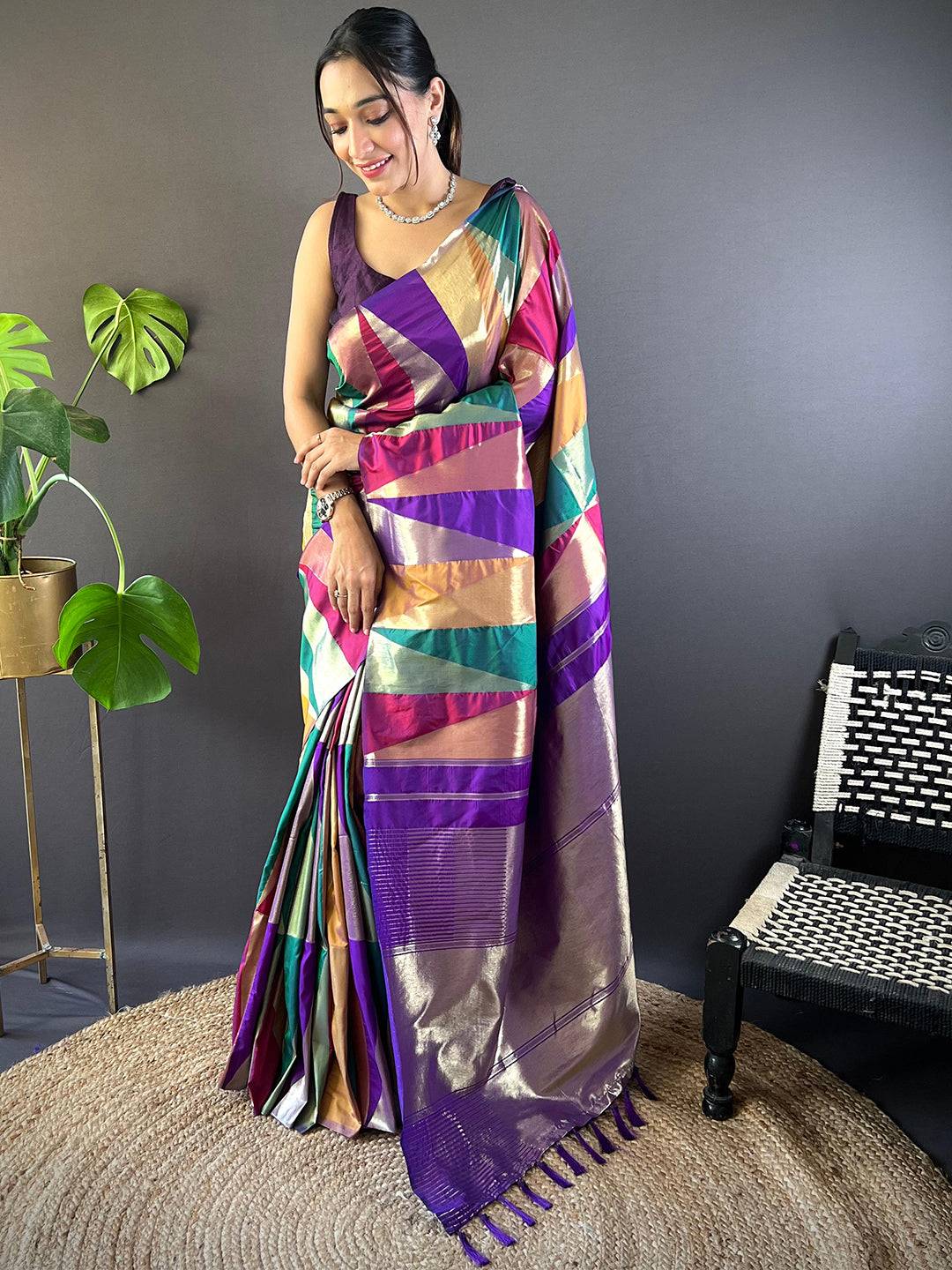 Geometrical Design Kanjivaram Silk Saree With Maggam Blouse