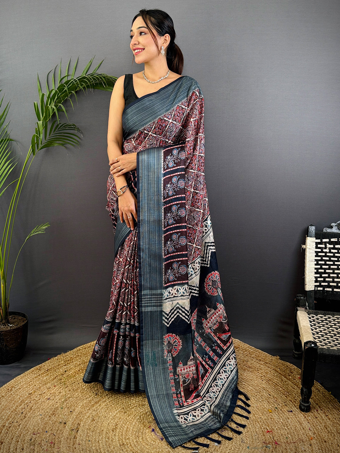 Multi Linen Block Kalamkari Print Saree