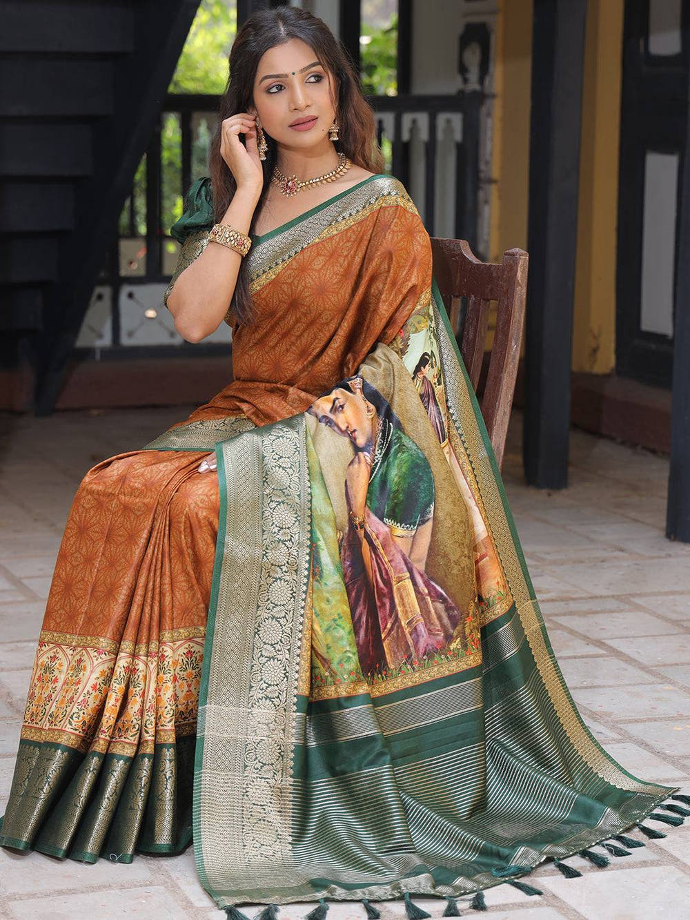Brown Viscose Dola Silk Saree With Kalamkari & Mughal Print