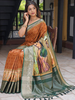 Brown Viscose Dola Silk Saree With Kalamkari & Mughal Print