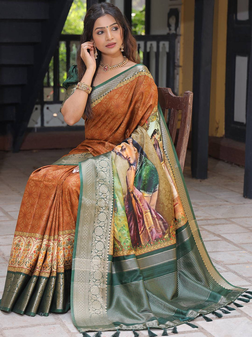 Brown Viscose Dola Silk Saree With Kalamkari & Mughal Print