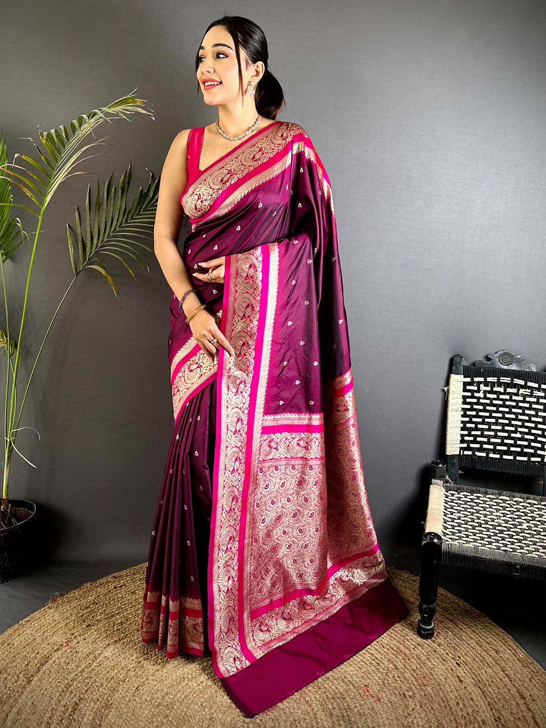 Magenta Soft Silk Kanjivaram Saree With Maggam Blouse