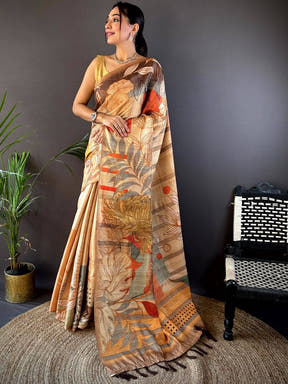 Beige Tussar Silk Floral Prints Saree