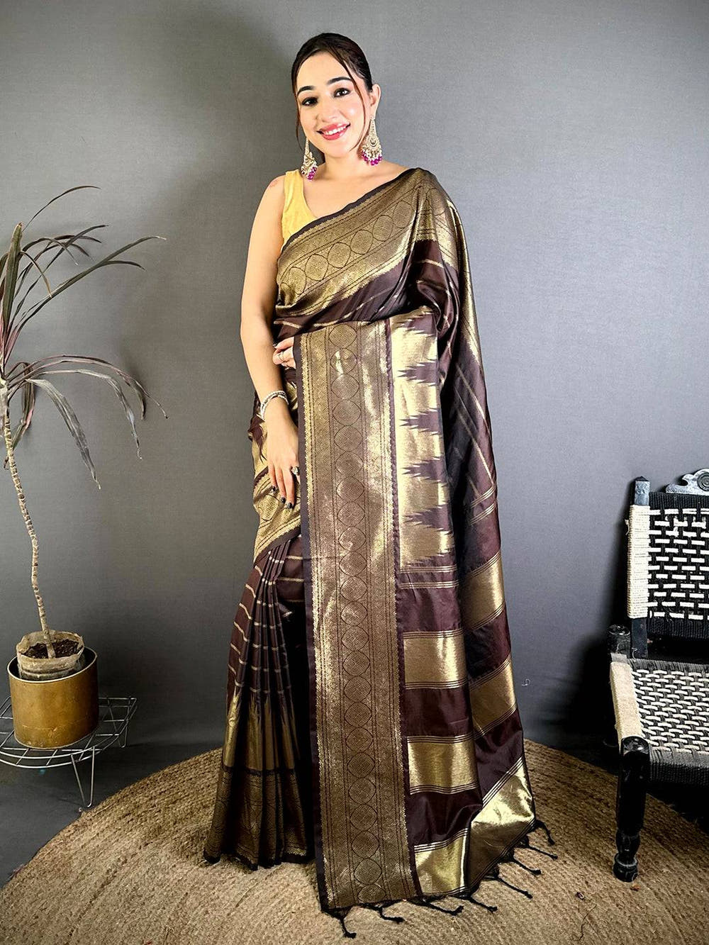Wooden Brown Soft Silk Temple Border Saree