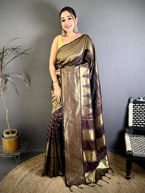 Wooden Brown Soft Silk Temple Border Saree