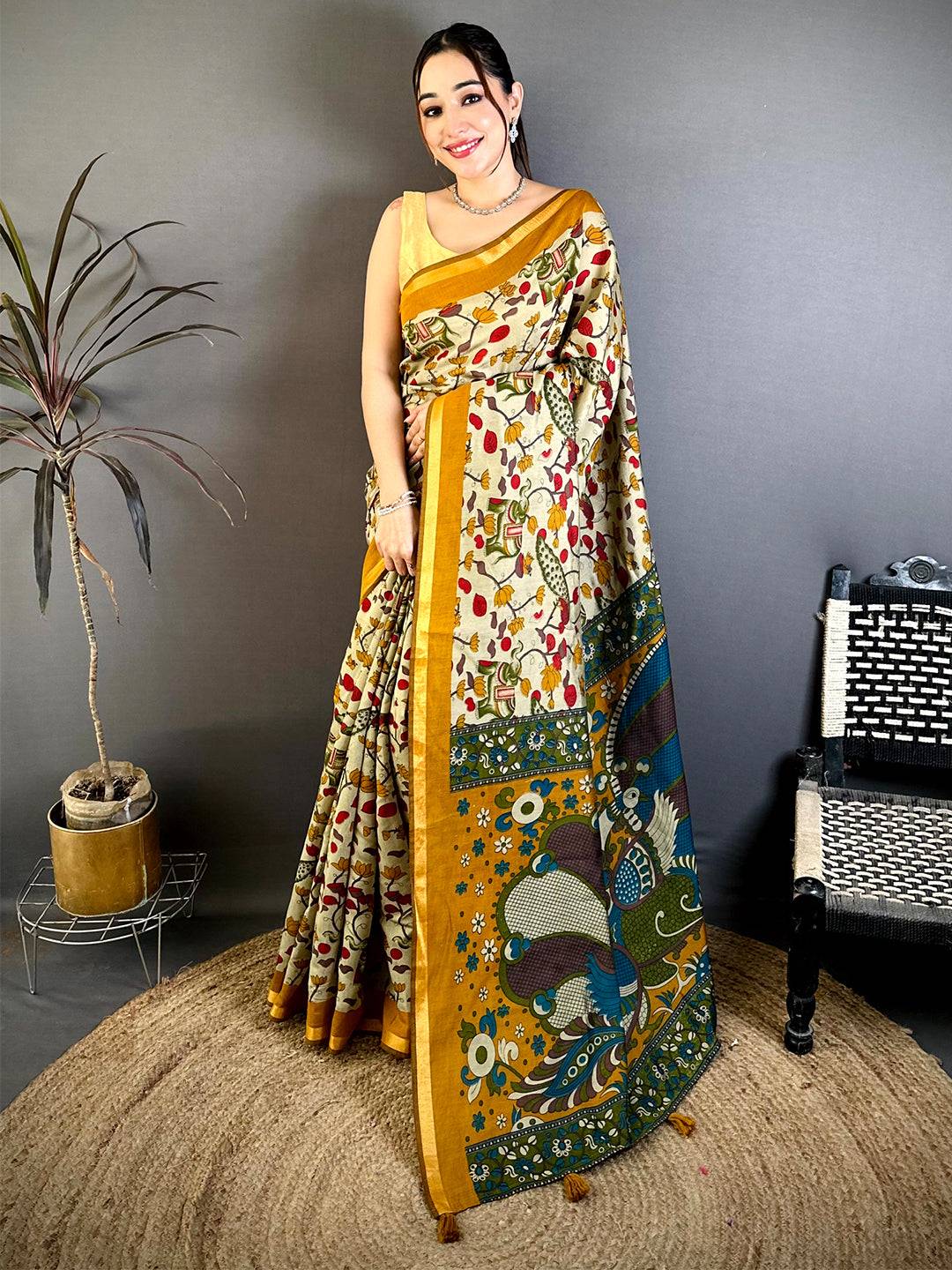 Heritage Mul Cotton Elephant Kalamkari Print Saree