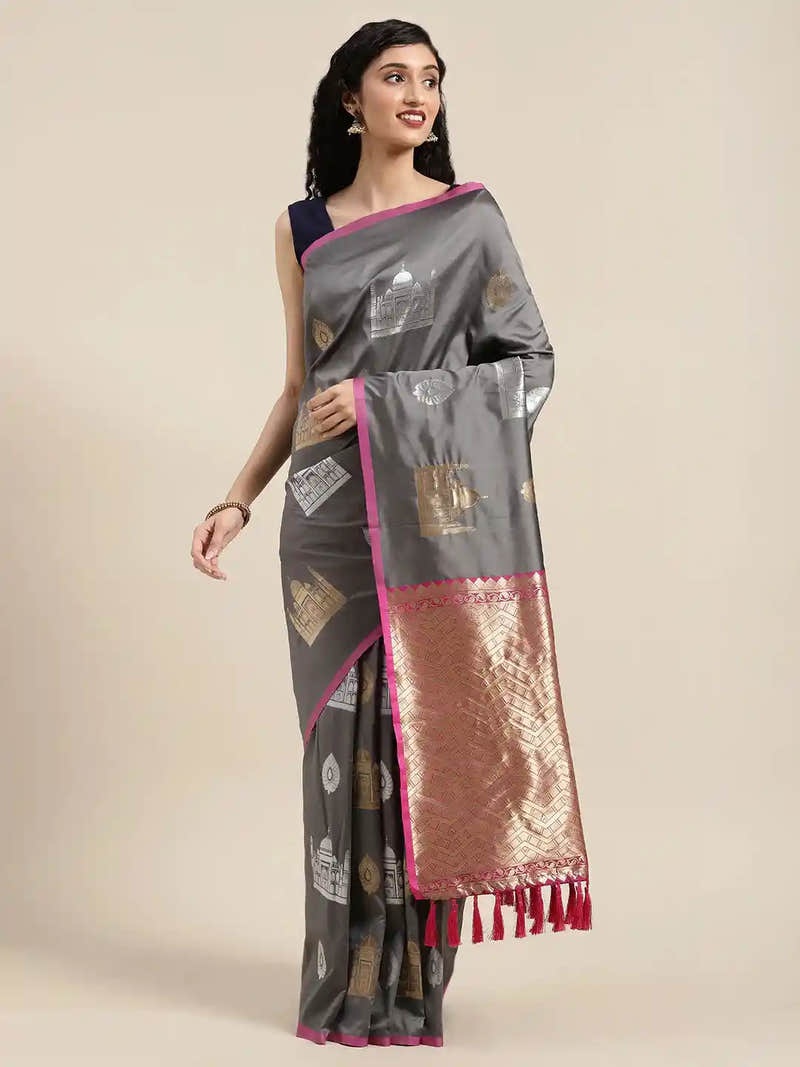 Trendy Grey Colour Silk Blend Woven Design Banarasi Saree