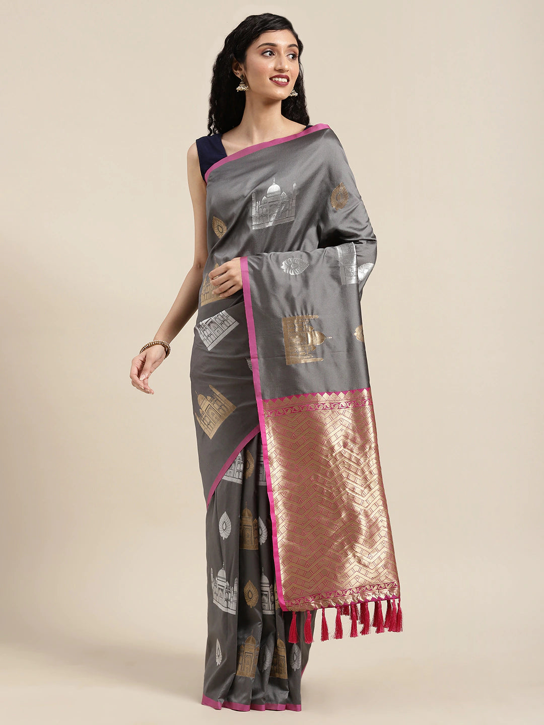 Trendy Grey Colour Silk Blend Banarasi Saree
