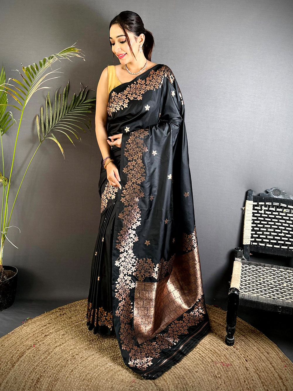 Rose Gold Blossom Soft Satin Silk Saree