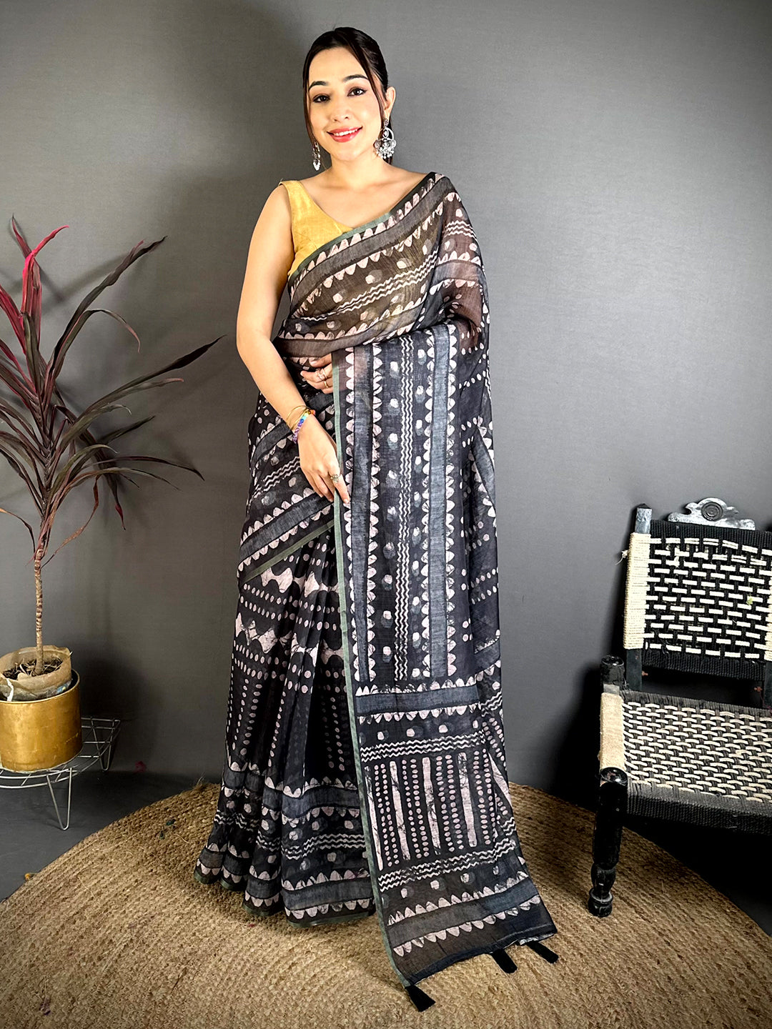 Artistic Ajrakh Print Linen Saree