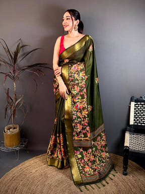 Dark Olive Shade Printed Dola Silk Saree