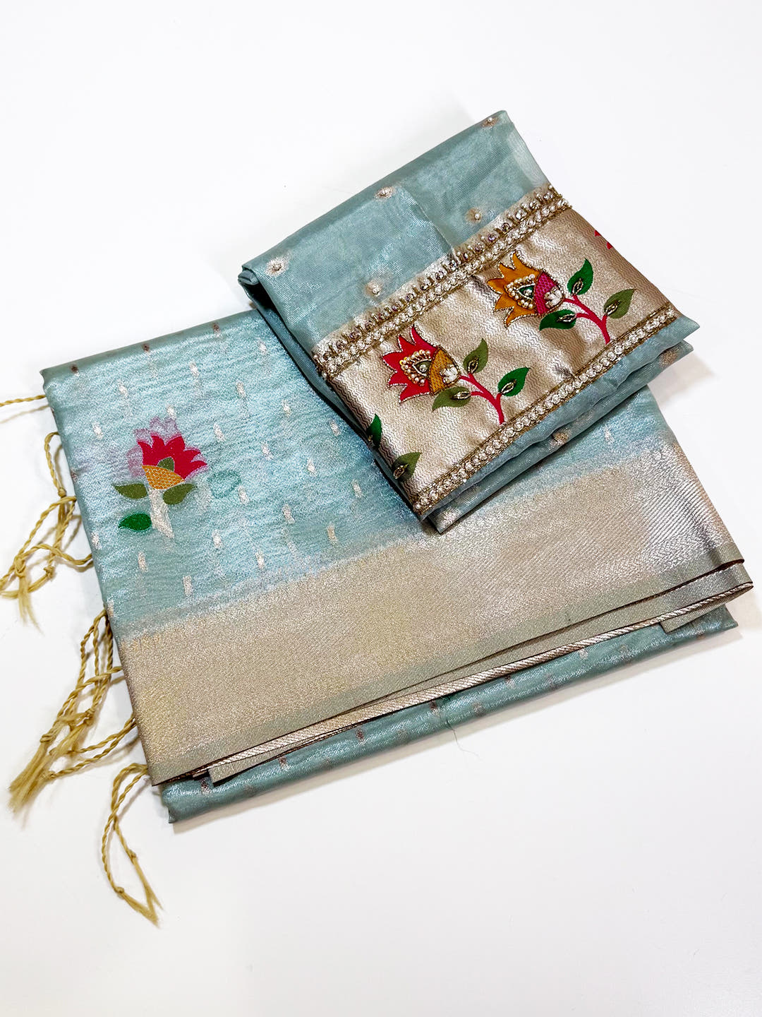 Mint Green Soft Organza Paithani Saree With Maggam Blouse