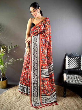 Red Chanderi Phulkari Floral Sulb Saree
