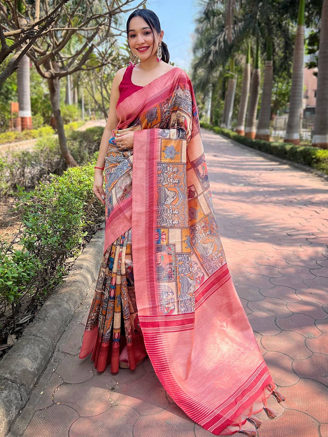 Woman wearing Slub Tussar Silk Madhubani Kalamkari Saree outdoors