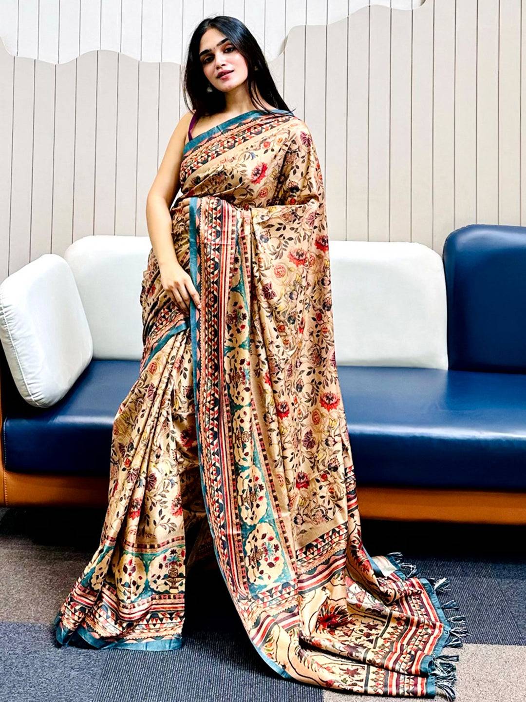Floral Chiku Tussar Silk Pashmina Print Saree showcased