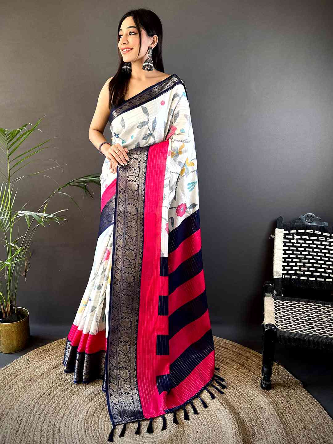 Navy Dola Silk Bird Print Saree