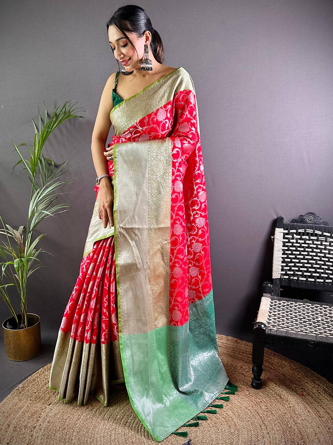 Model showcasing Red Chic Zari Blossom Banarasi Silk Saree
