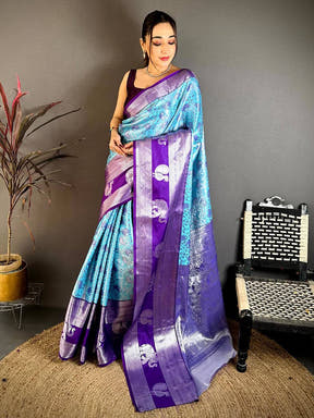 Sky Blue Dharmavaram Double Ikkat Saree