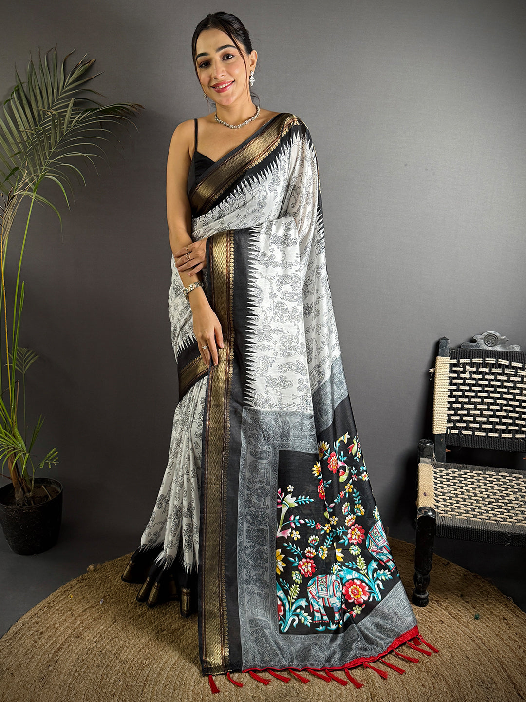 Black Pichwai Printed Dola Silk Saree