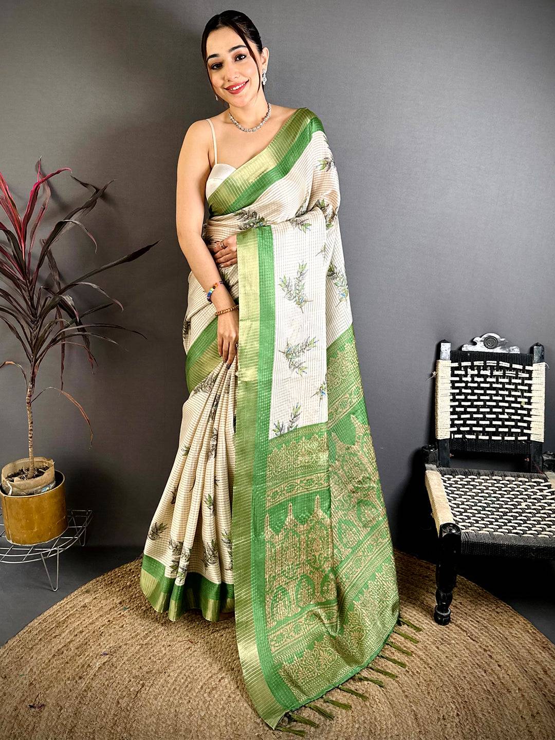 Green Leaf Minakari Tussar Saree
