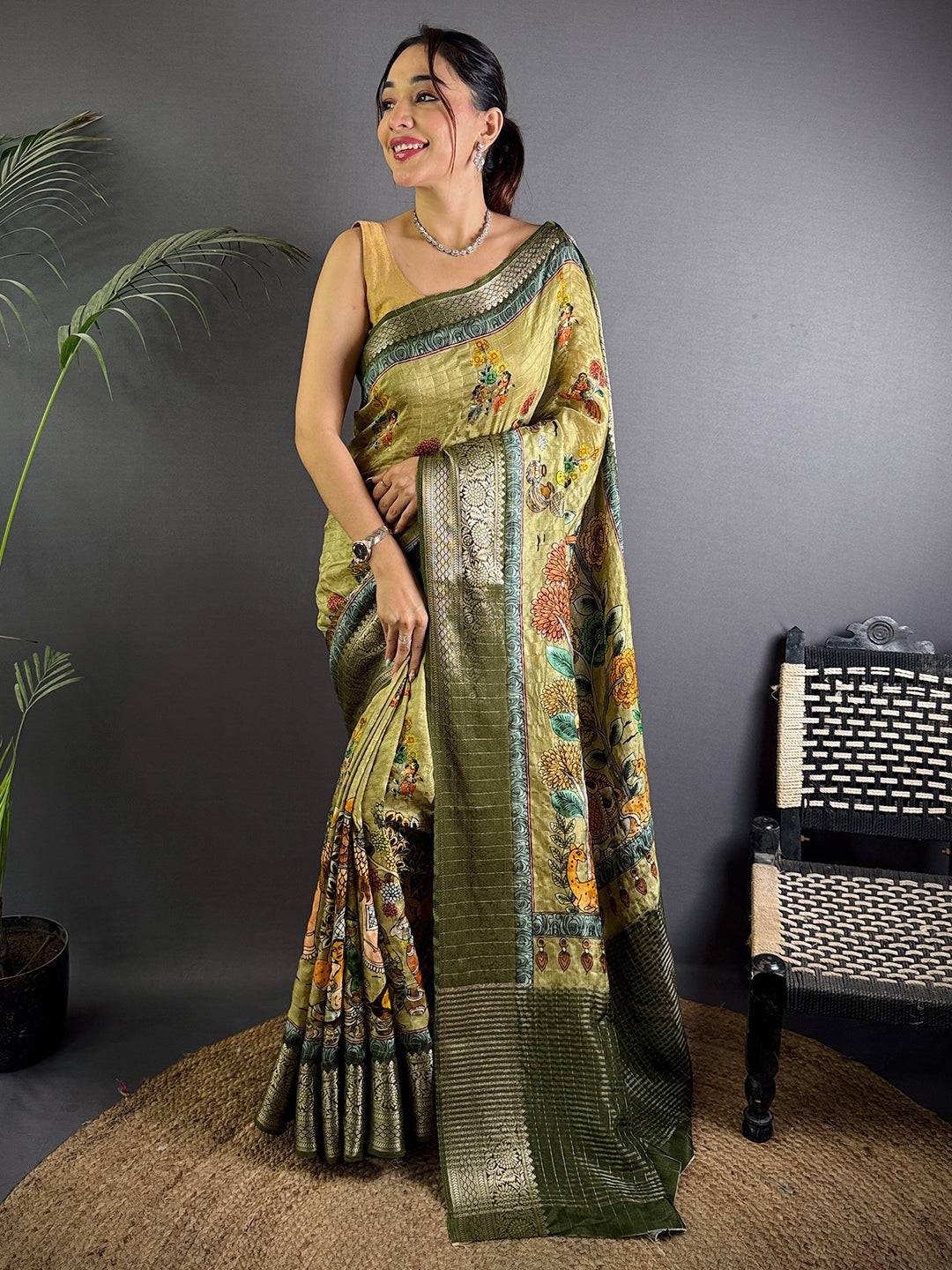 Light Green Pure Viscose Floral Printed Saree